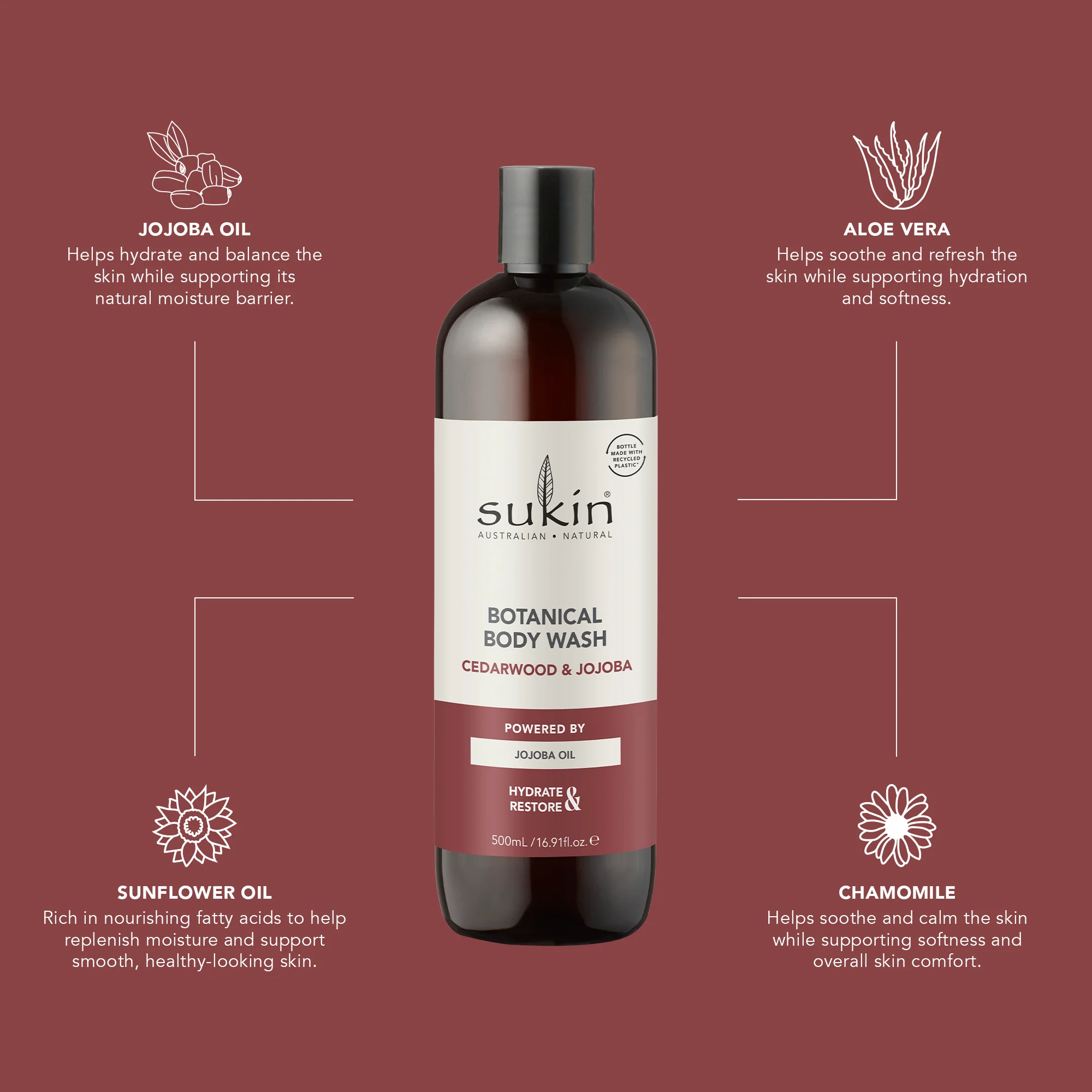 SUKIN BOTANICAL BODY WASH CEDARWOOD & JOJOBA 500ML - Image 3