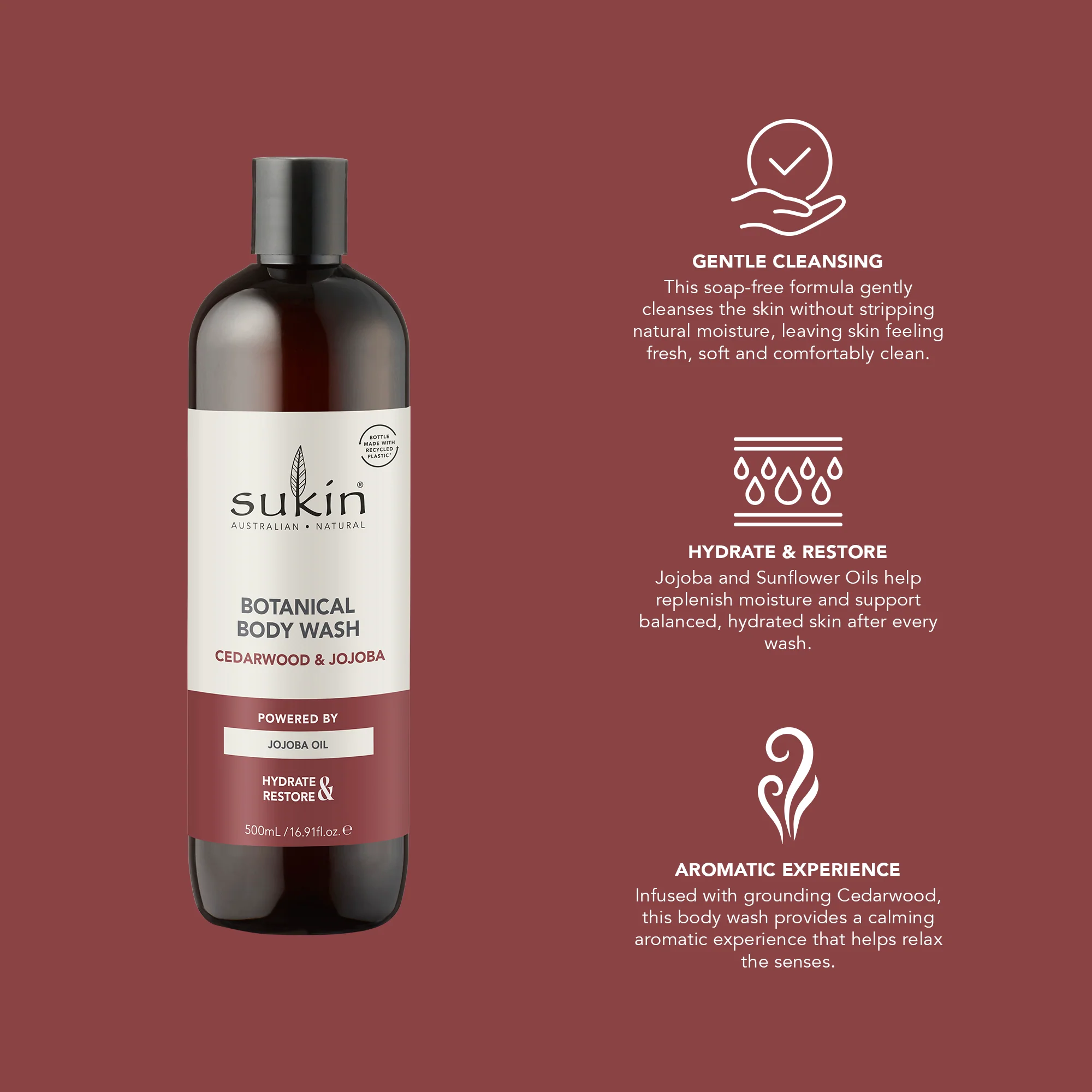 SUKIN BOTANICAL BODY WASH CEDARWOOD & JOJOBA 500ML - Image 4