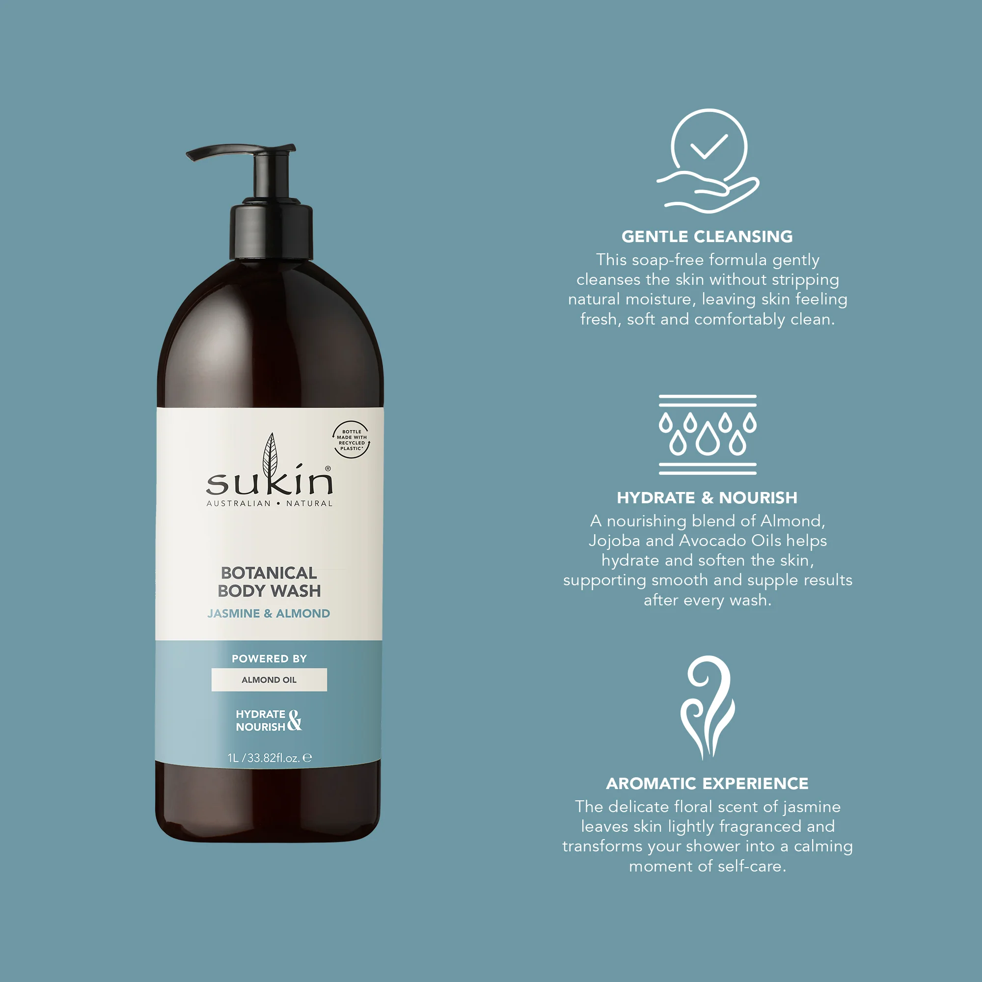 SUKIN BOTANICAL BODY WASH JASMINE & ALMOND 1L - Image 4