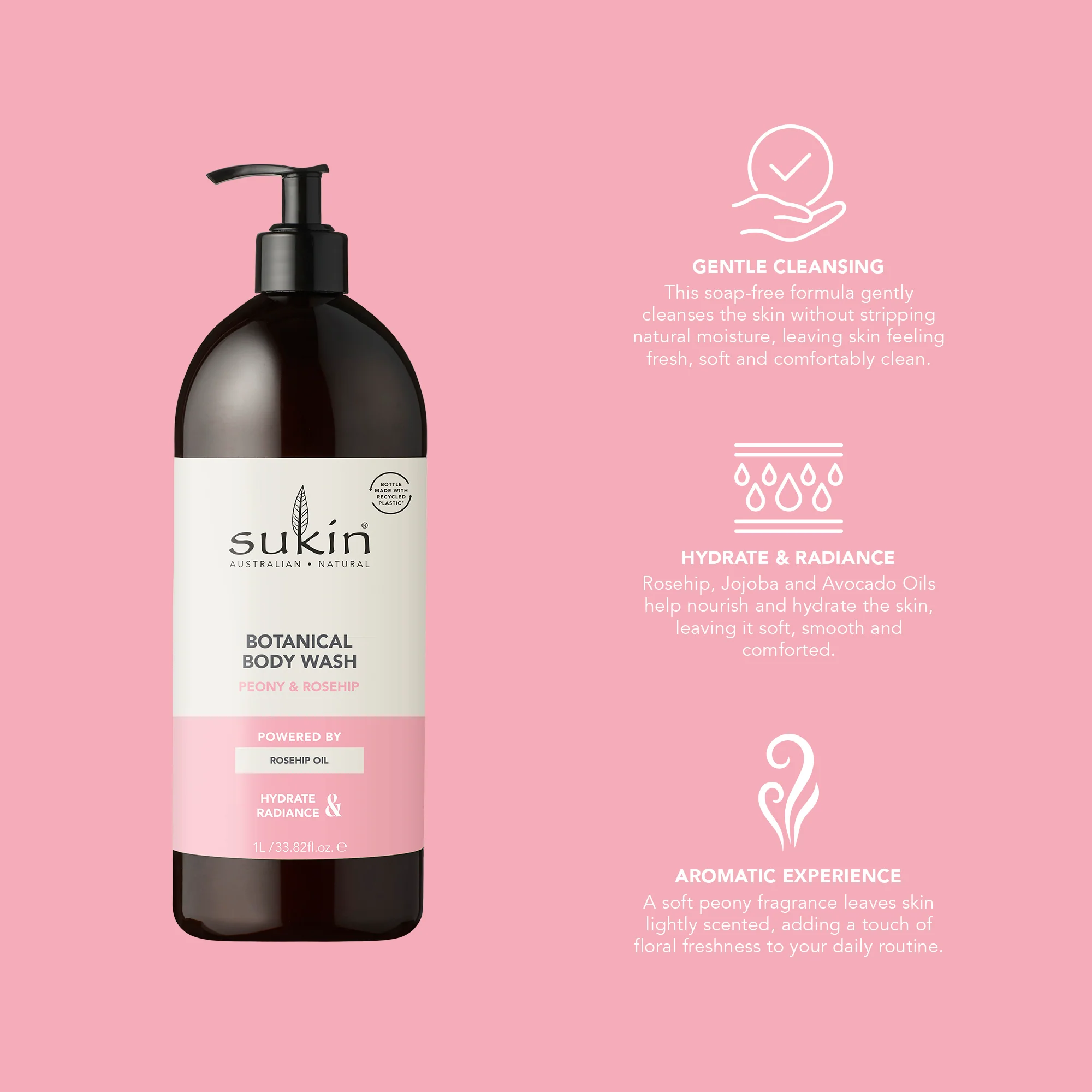 SUKIN BOTANICAL BODY WASH PEONY  & ROSEHIP 1L - Image 4